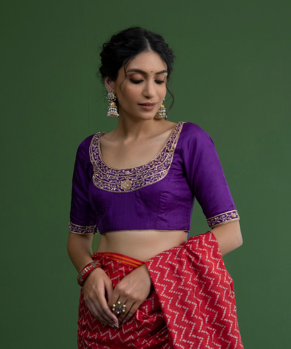 Handloom_Purple_Raw_Silk_Blouse_with_Chaand_Design_on_Neckline_WeaverStory_01