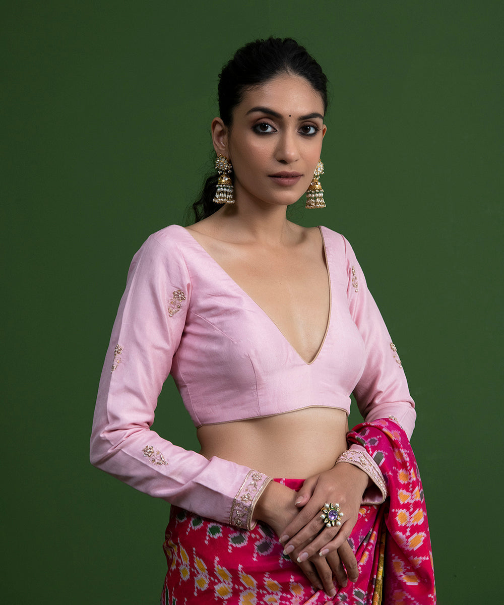 Light_Pink_Pure_Silk_Blouse_with_Sleeves_Embroidery_WeaverStory_01