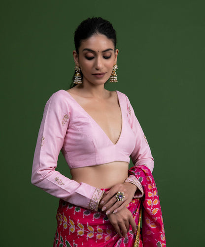 Light_Pink_Pure_Silk_Blouse_with_Sleeves_Embroidery_WeaverStory_03