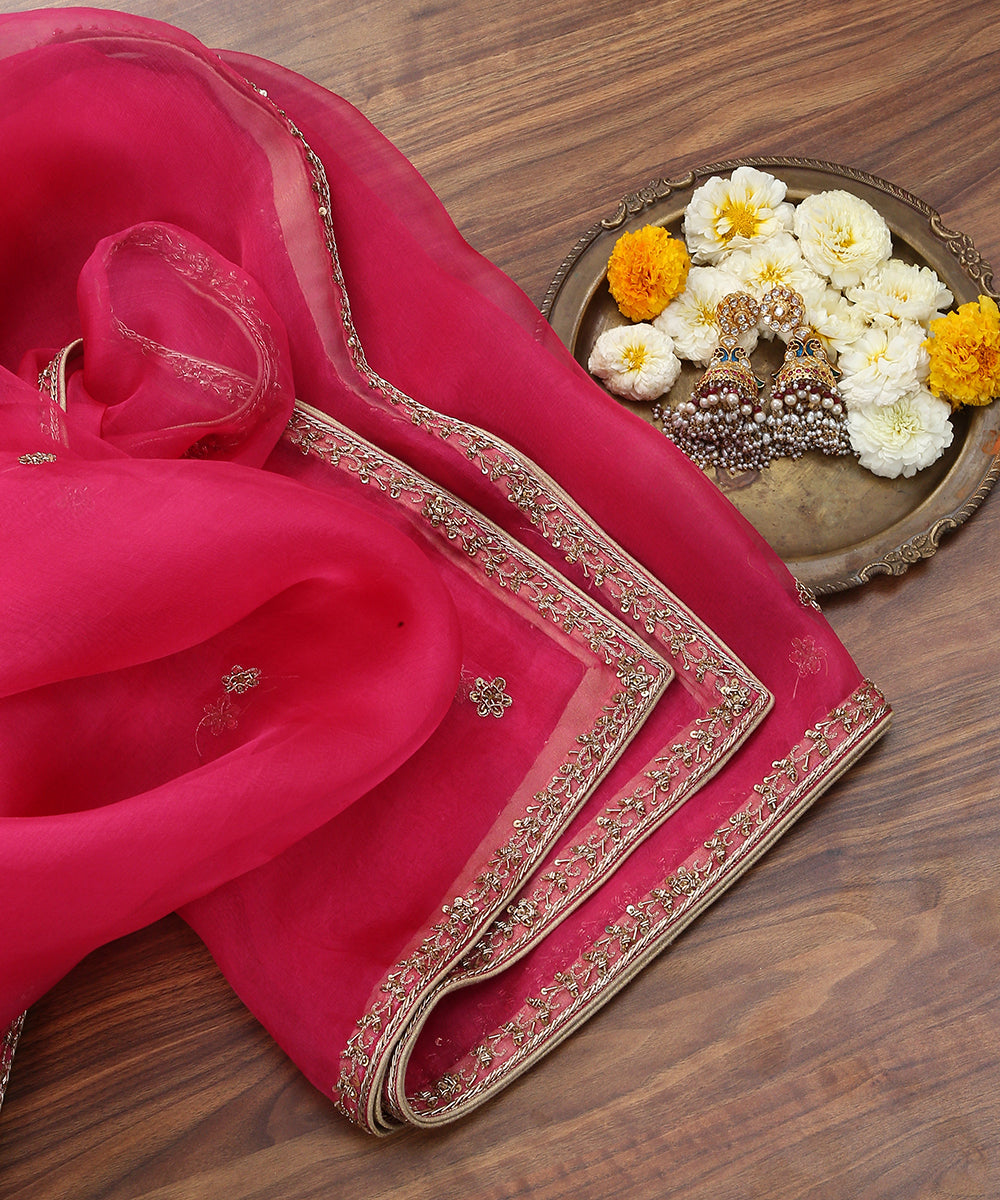 Hot_Pink_Hand_Embroidered_Zardozi_Organza_Dupatta_with_Thin_Border_WeaverStory_01