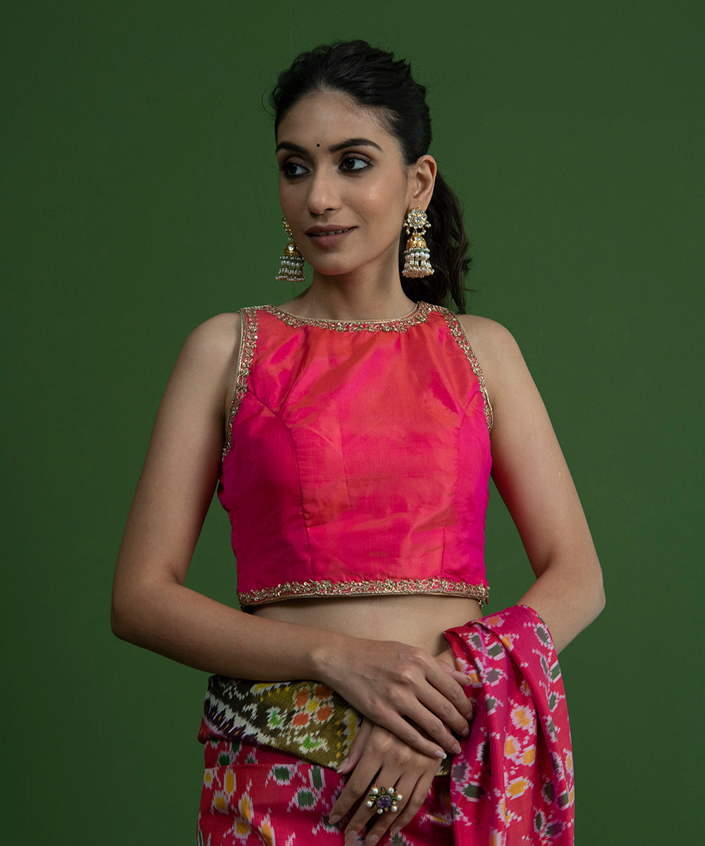 Hot_Pink_Halter_Neck_Pure_Silk_Blouse_with_Thin_Border_Hand_Embroidery_WeaverStory_01