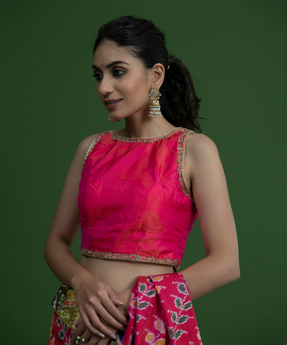Hot_Pink_Halter_Neck_Pure_Silk_Blouse_with_Thin_Border_Hand_Embroidery_WeaverStory_03