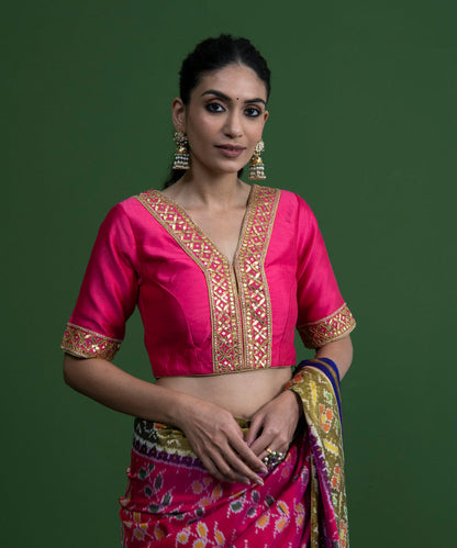 Pink_Handloom_Chiniya_Silk_Blouse_with_Embroidered_Neckline_and_Sleeves_WeaverStory_01