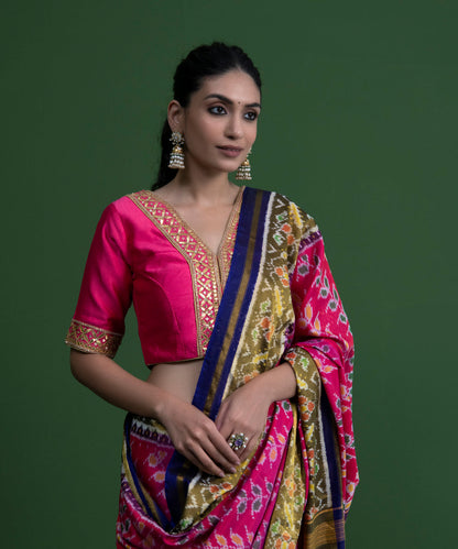 Pink_Handloom_Chiniya_Silk_Blouse_with_Embroidered_Neckline_and_Sleeves_WeaverStory_02