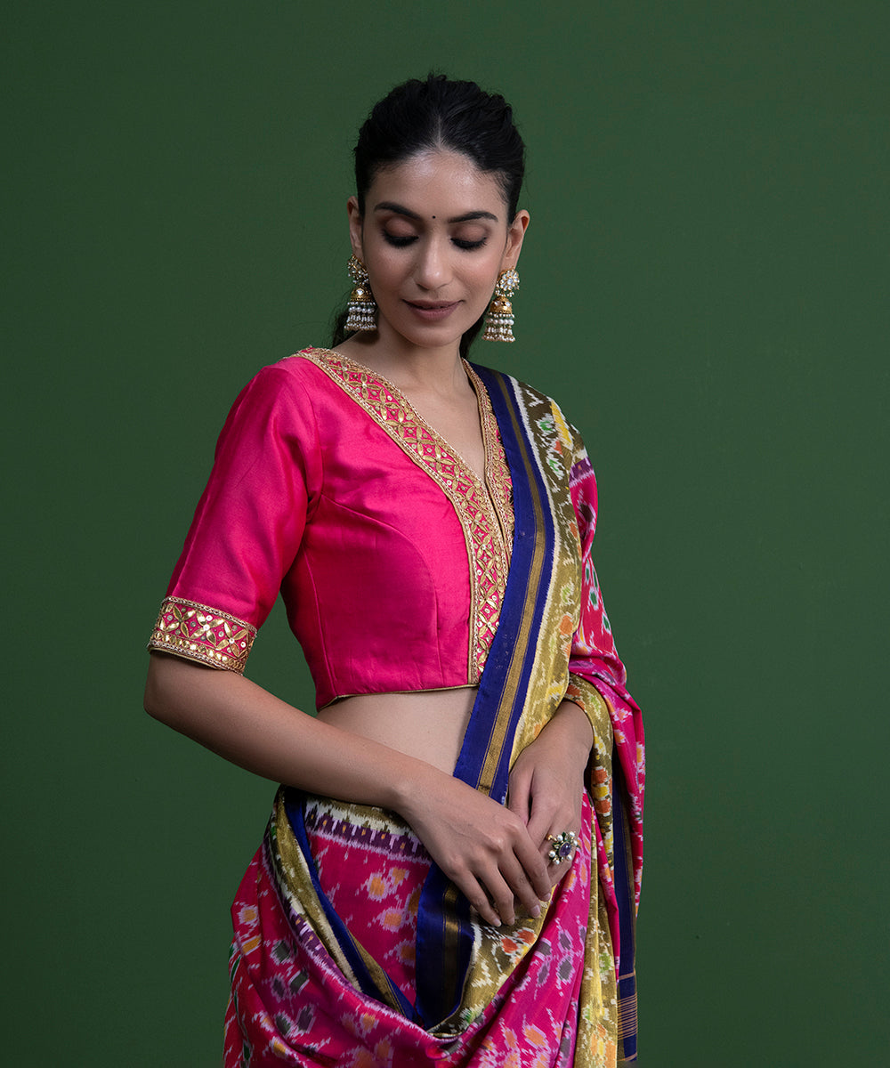 Pink_Handloom_Chiniya_Silk_Blouse_with_Embroidered_Neckline_and_Sleeves_WeaverStory_03
