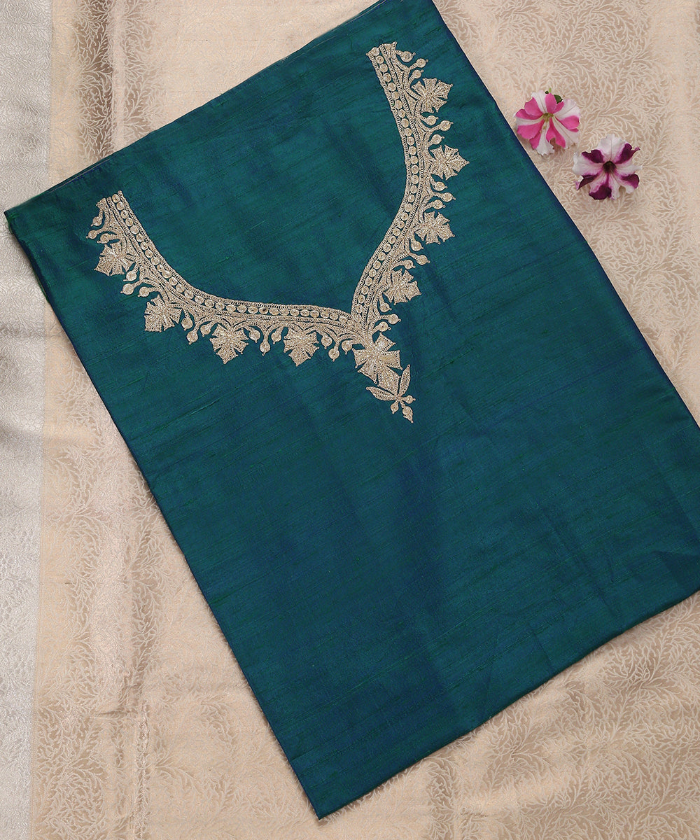 Handloom_Teal_Raw_Silk_Banarasi_Blouse_Fabric_with_Tilla_Work_WeaverStory_01