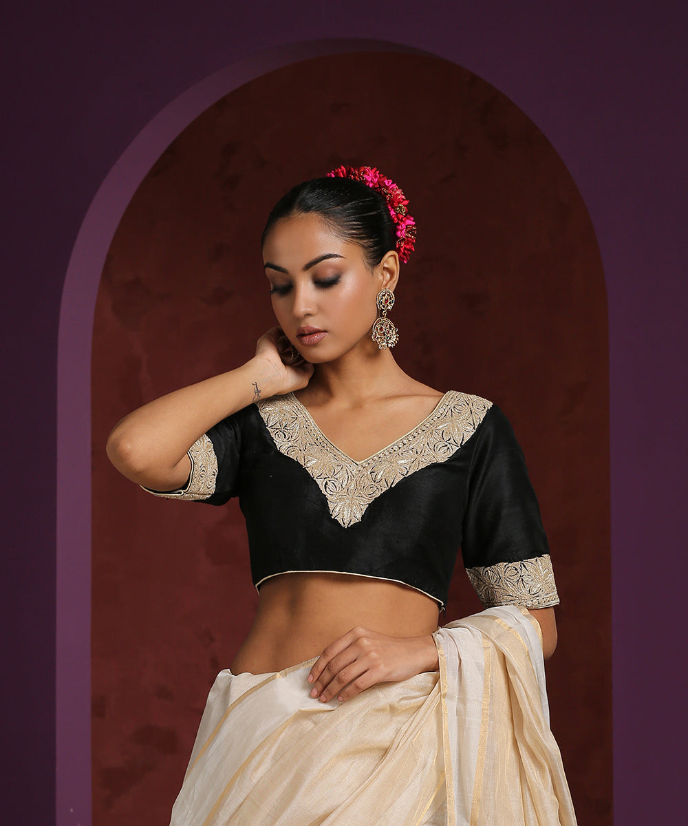 Black_Handcrafted_Raw_Silk_Blouse_With_Hand_Embroidered_Tilla_Work_WeaverStory_01