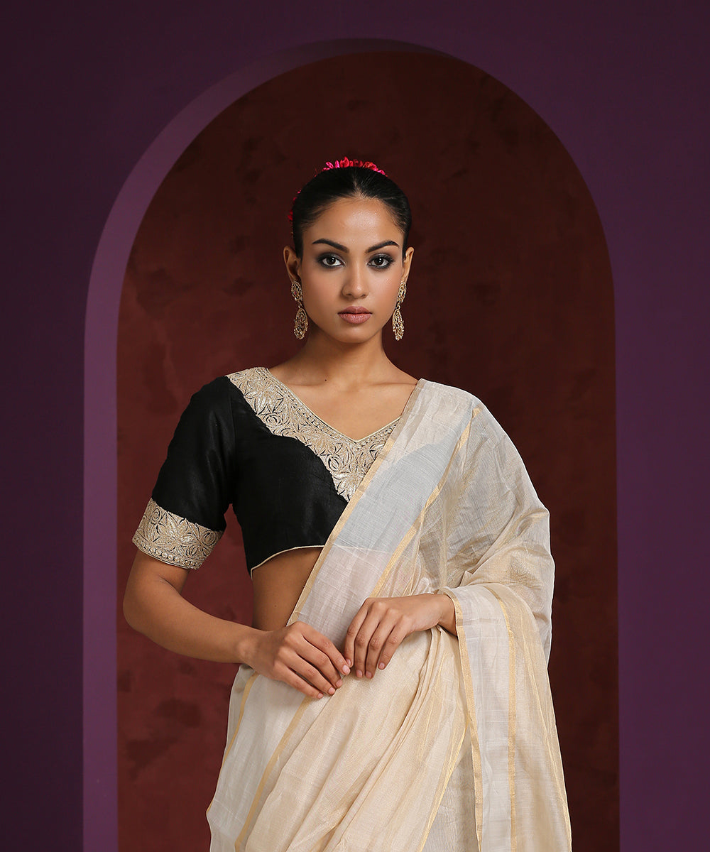 Black_Handcrafted_Raw_Silk_Blouse_With_Hand_Embroidered_Tilla_Work_WeaverStory_02