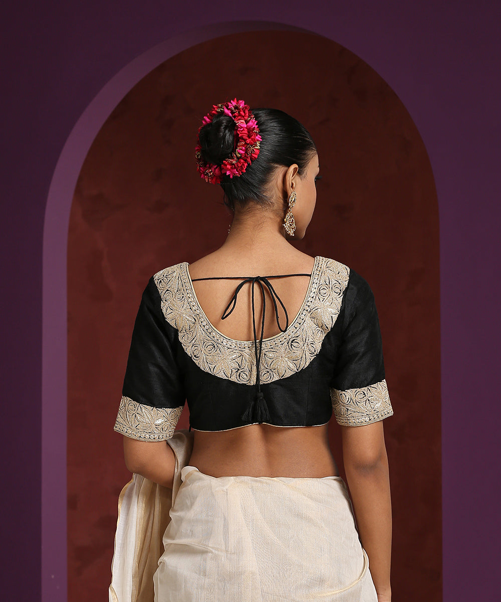Black_Handcrafted_Raw_Silk_Blouse_With_Hand_Embroidered_Tilla_Work_WeaverStory_03