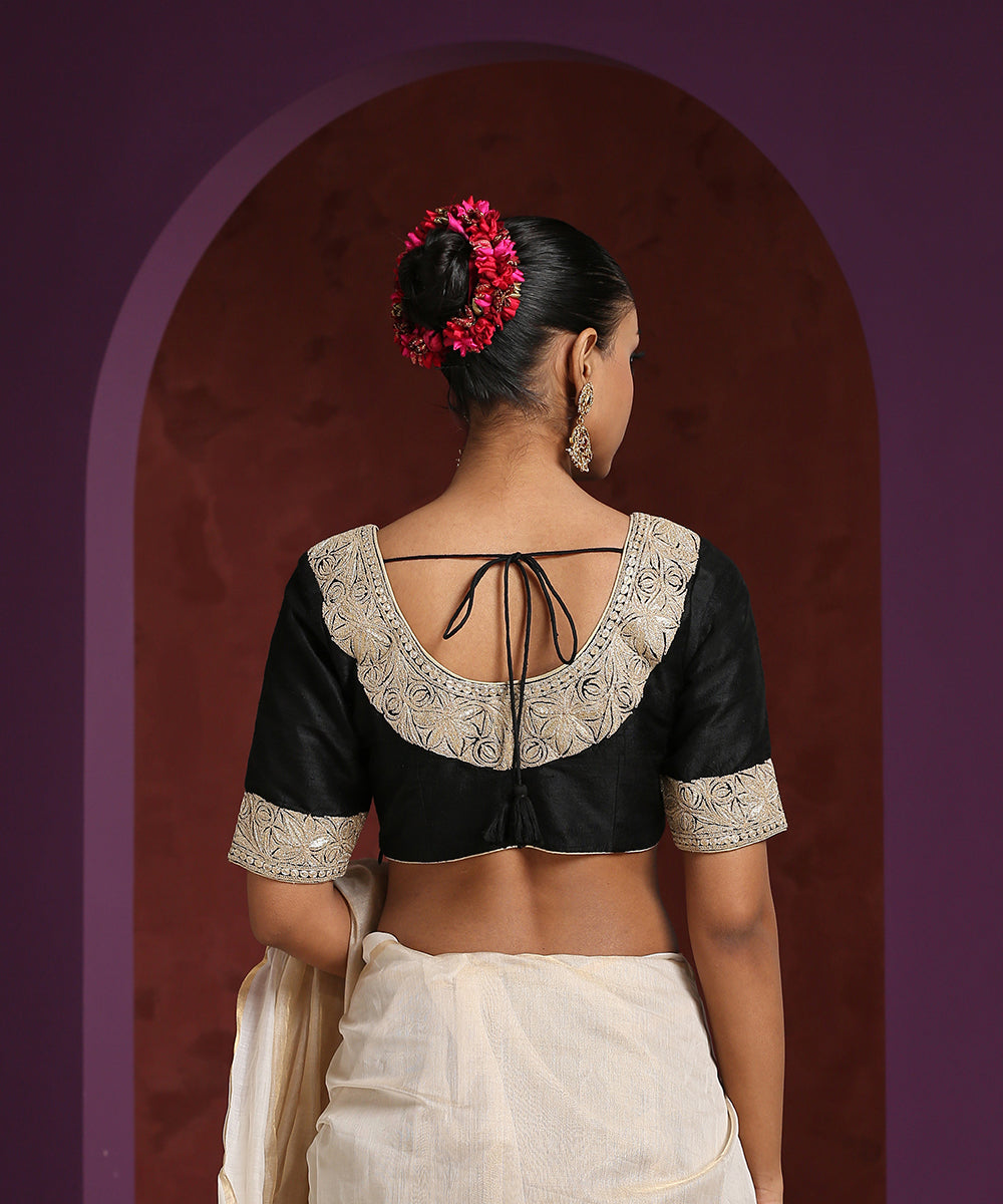 Black Raw Silk Blouse with Intricate Hand Embroidery on Front & Back