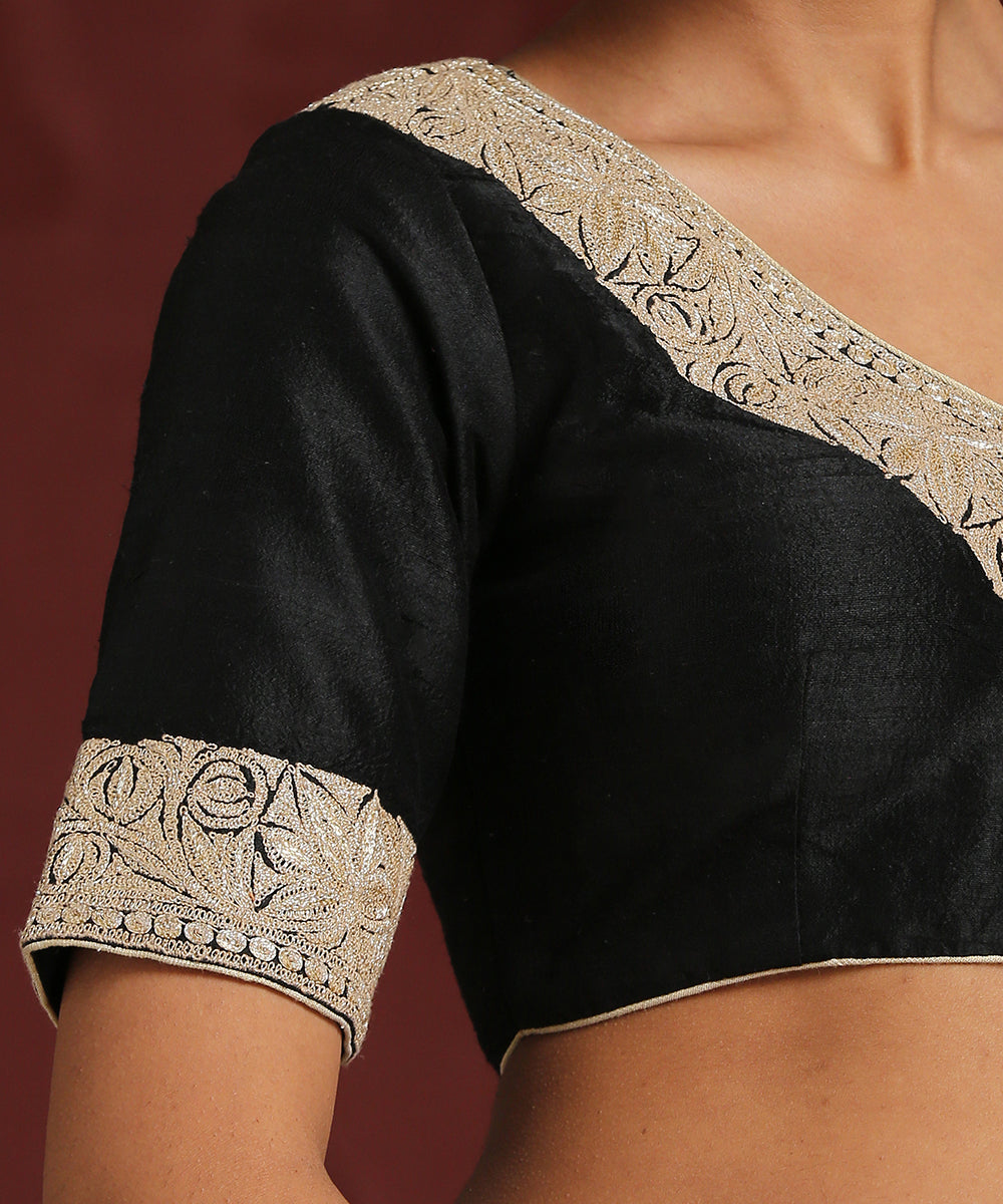 Black_Handcrafted_Raw_Silk_Blouse_With_Hand_Embroidered_Tilla_Work_WeaverStory_04