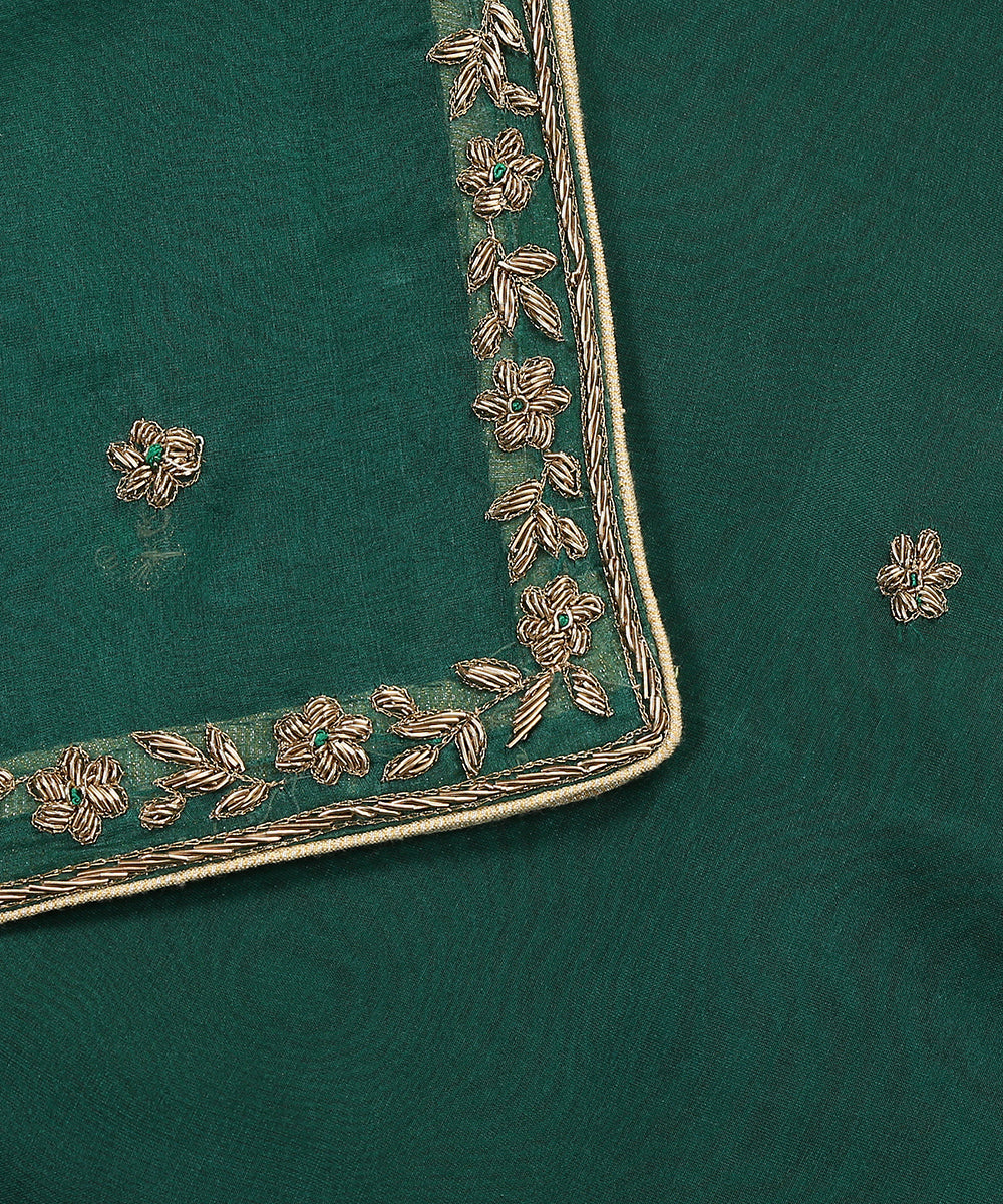 Deep_Green_Handloom_Organza_Dupatta_With_Hand_Embroidered_Zardozi_Border_WeaverStory_04