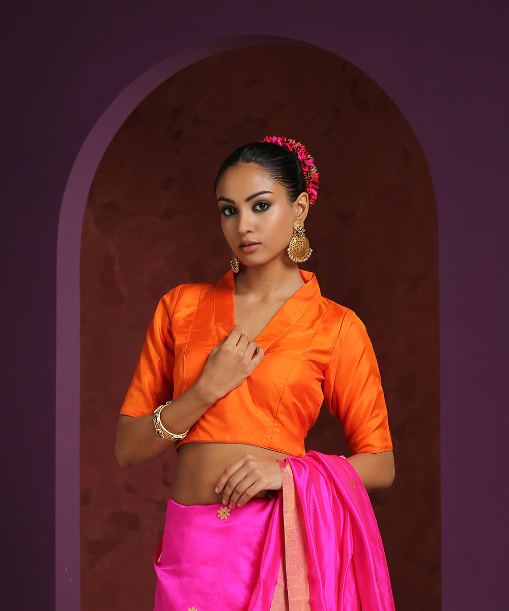 Handcrafted_Orange_Pure_Silk_Blouse_With_Collared_V-Neckline_WeaverStory_01