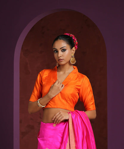 Handcrafted_Orange_Pure_Silk_Blouse_With_Collared_V-Neckline_WeaverStory_01