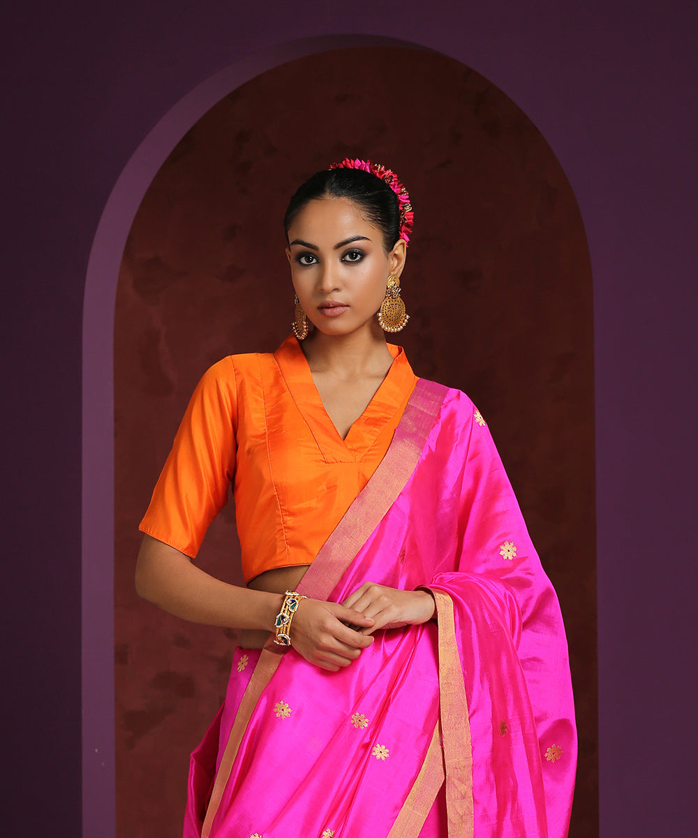 Handcrafted_Orange_Pure_Silk_Blouse_With_Collared_V-Neckline_WeaverStory_02