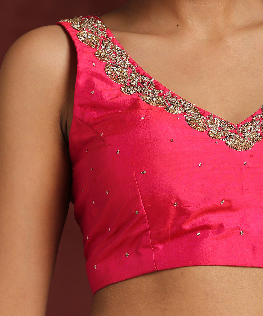 Hot_Pink_Raw_Silk_Blouse_With_Hand_Embroidered_Zardozi_Detailing_WeaverStory_04