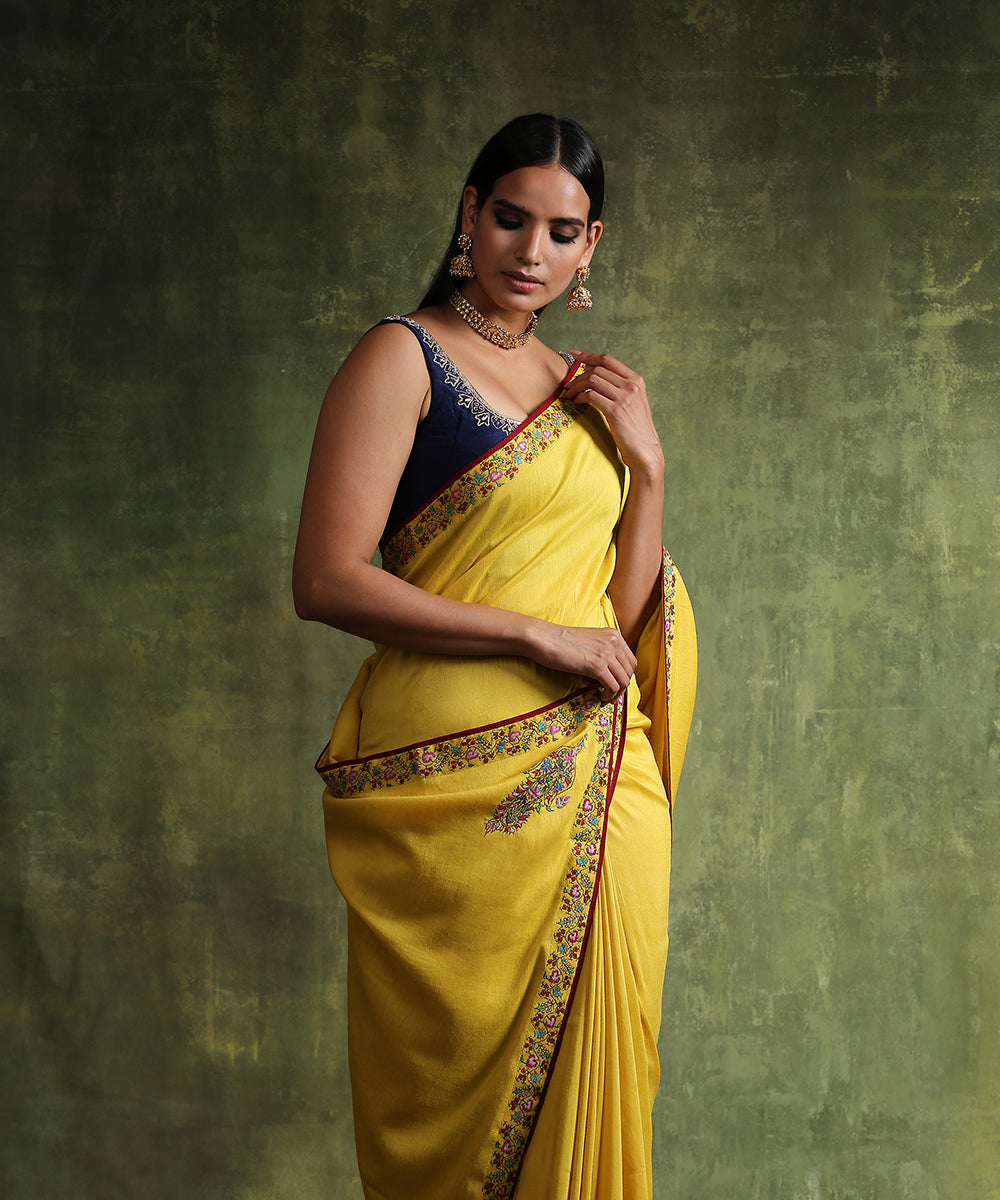 Handloom_Yellow_Moonga_Silk_Saree_With_Hand_Embroidered_Border_WeaverStory_01