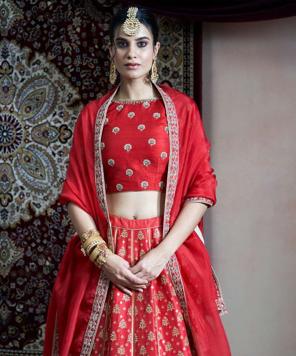 Red Handloom Pure Katan Silk Hand Embroidered Banarasi Lehenga With Blouse And Organza Dupatta