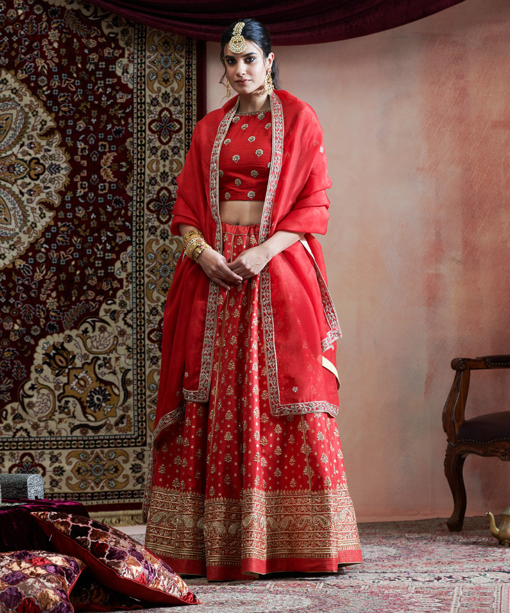 Red Handloom Pure Katan Silk Hand Embroidered Banarasi Lehenga With Blouse And Organza Dupatta