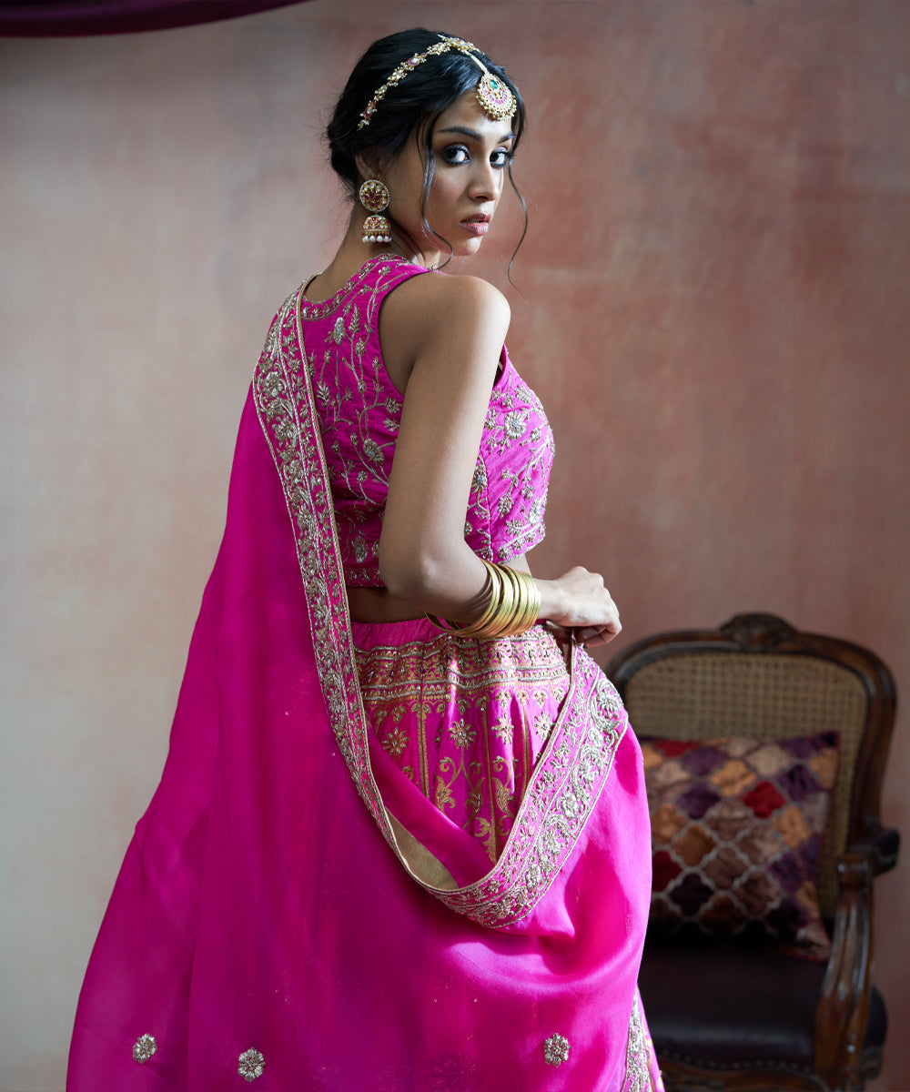Hot Pink Handloom Pure Katan Silk Hand Embroidered Banarasi Lehenga With Blouse And Organza Dupatta