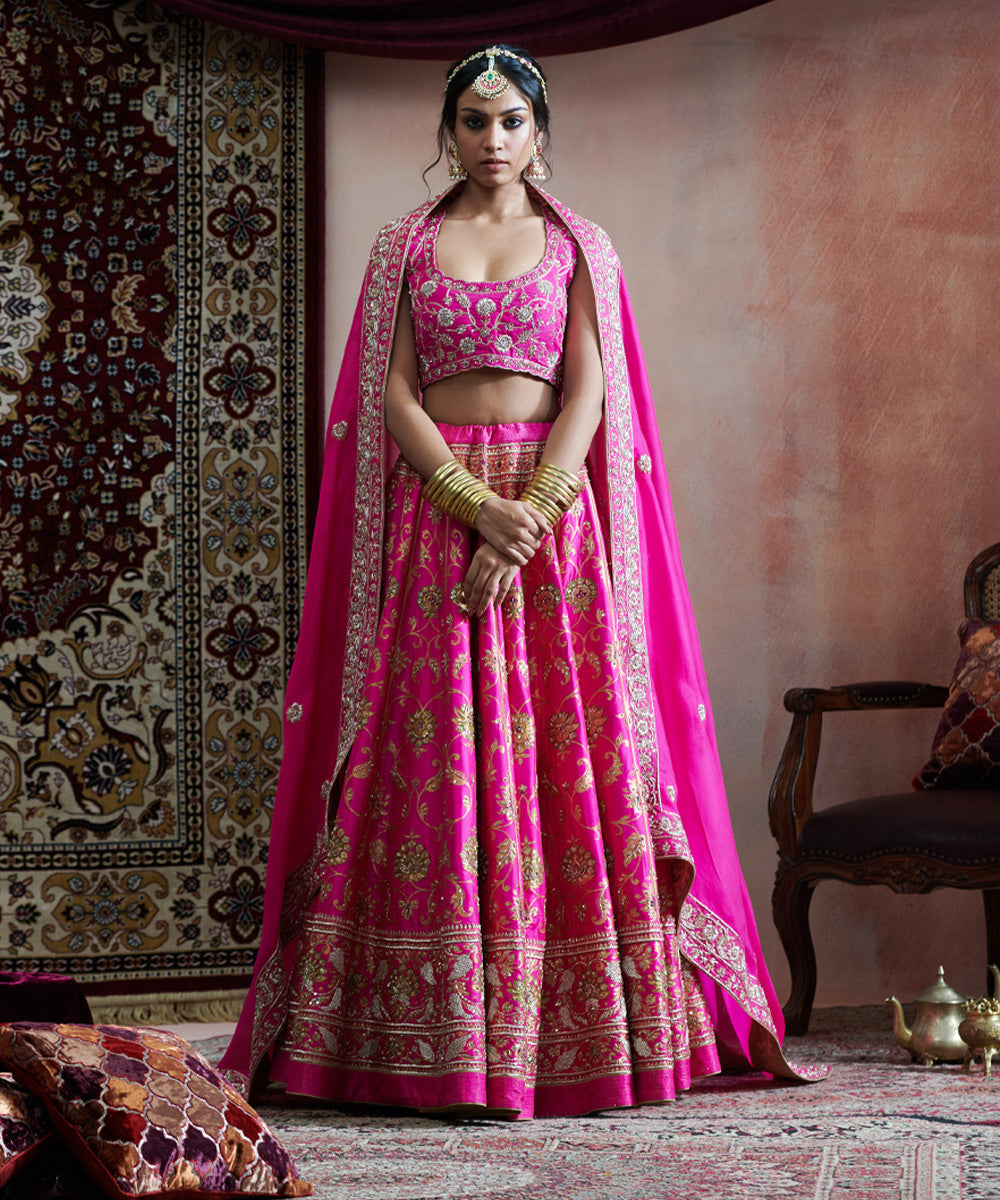 Hot Pink Handloom Pure Katan Silk Hand Embroidered Banarasi Lehenga With Blouse And Organza Dupatta