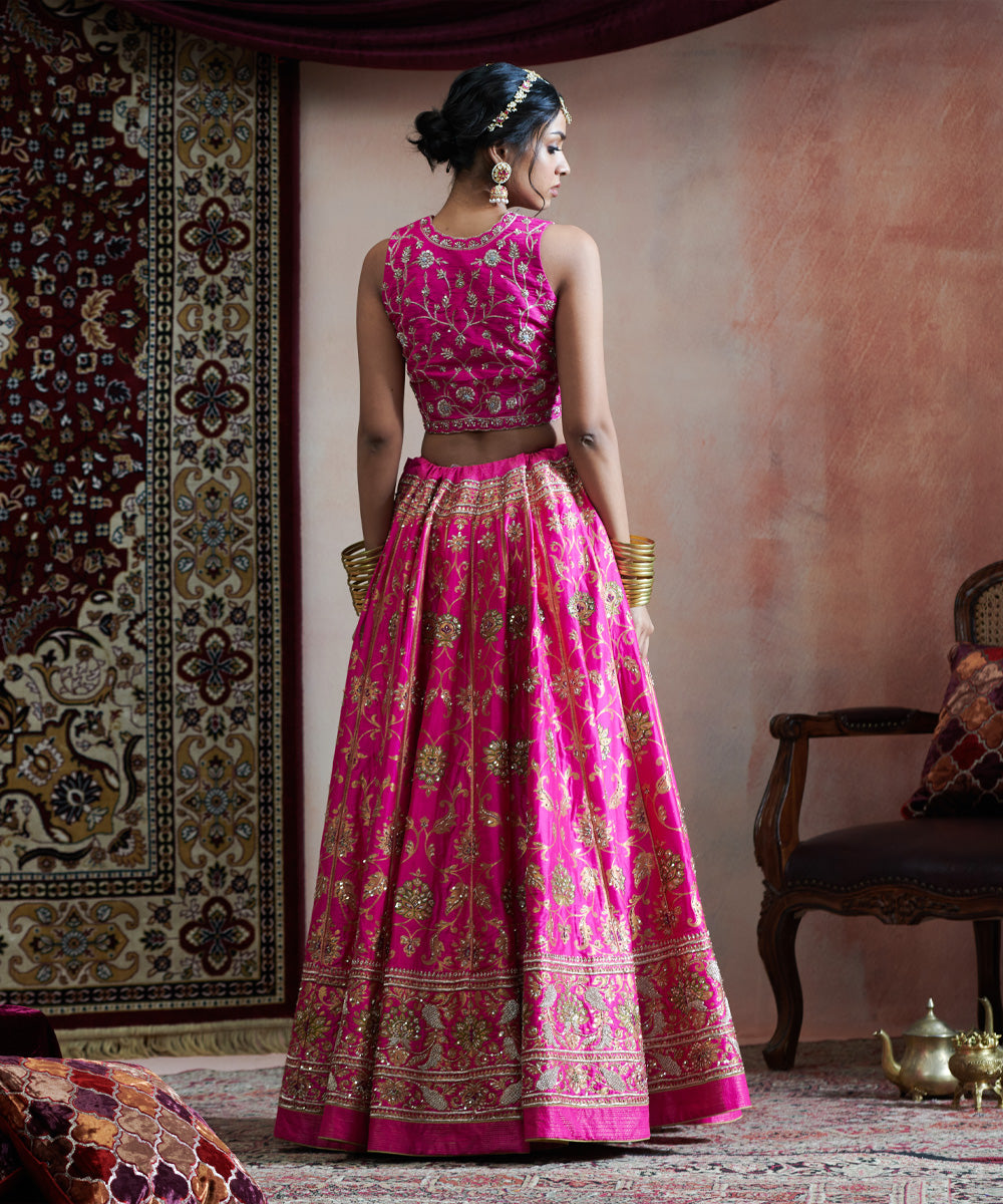 Hot Pink Handloom Pure Katan Silk Hand Embroidered Banarasi Lehenga With Blouse And Organza Dupatta