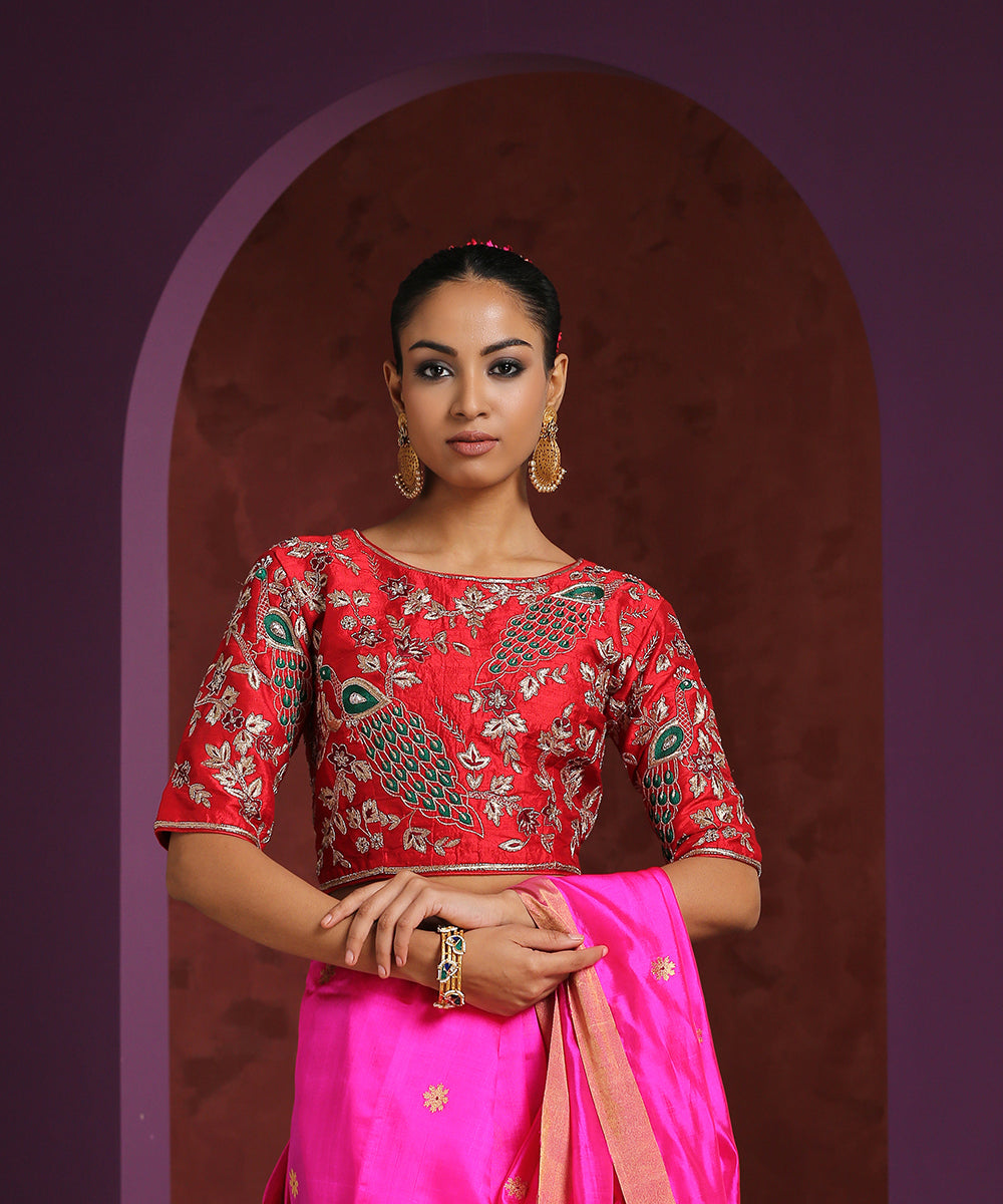 Niharikaa pink elbow sleeve Boat neck Georgette and Net padded blouse with  sequins work, डिज़ाइनर ब्लाउज़ - niharikafabrics, Mumbai | ID: 25742618273