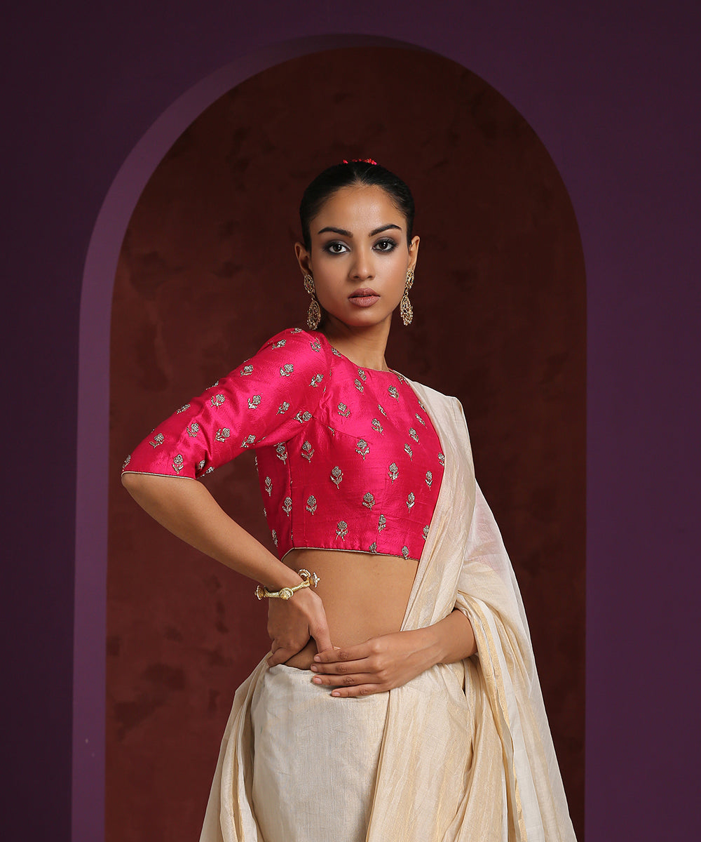 Hot_Pink_Raw_Silk_Hand_Embroidered_Zardozi_Blouse_WeaverStory_02
