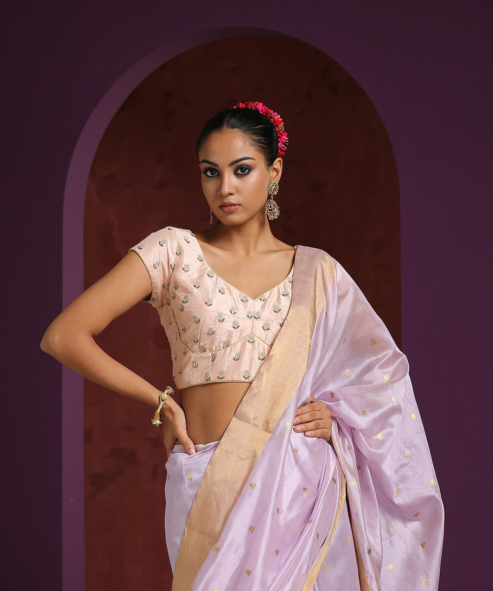 Peach_Handcrafted_Pearl_Booti_Blouse_Raw_Silk_Blouse_WeaverStory_02