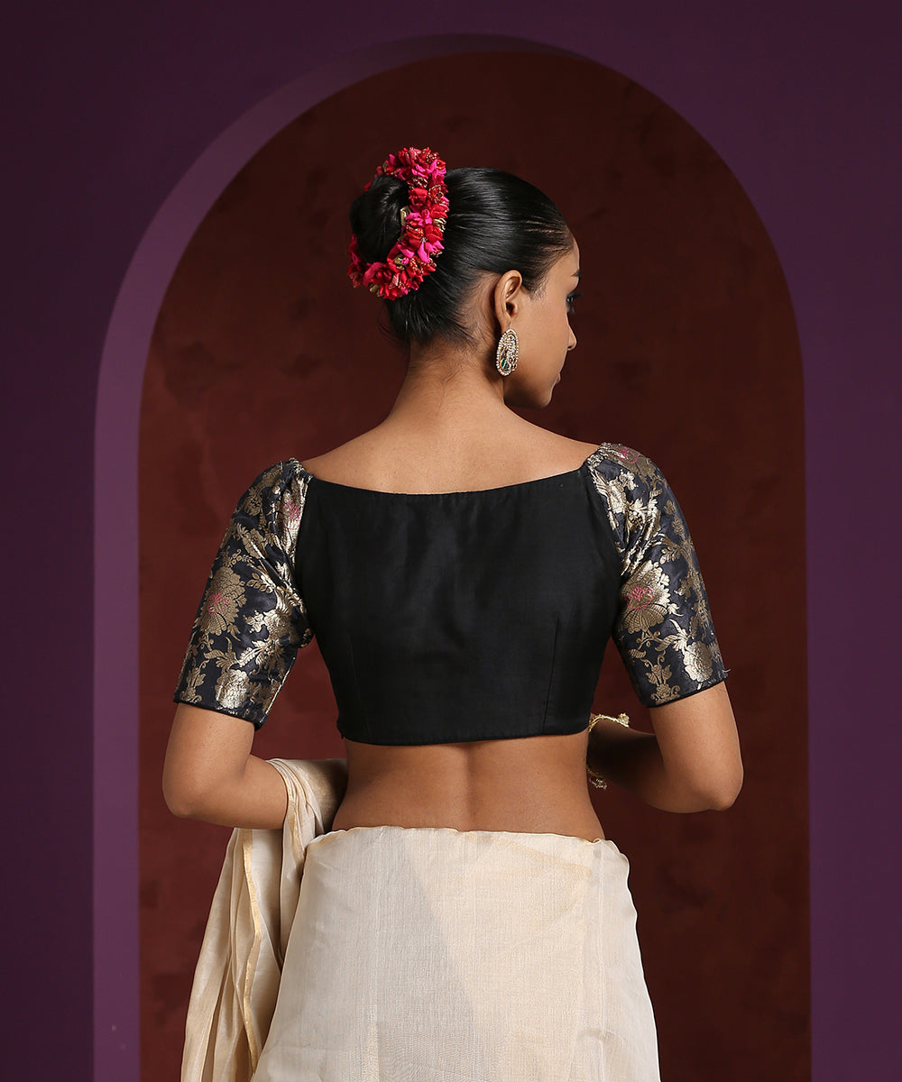 Handcrafted_Black_Raw_Silk_Blouse_With_Brocade_Sleeve_WeaverStory_03