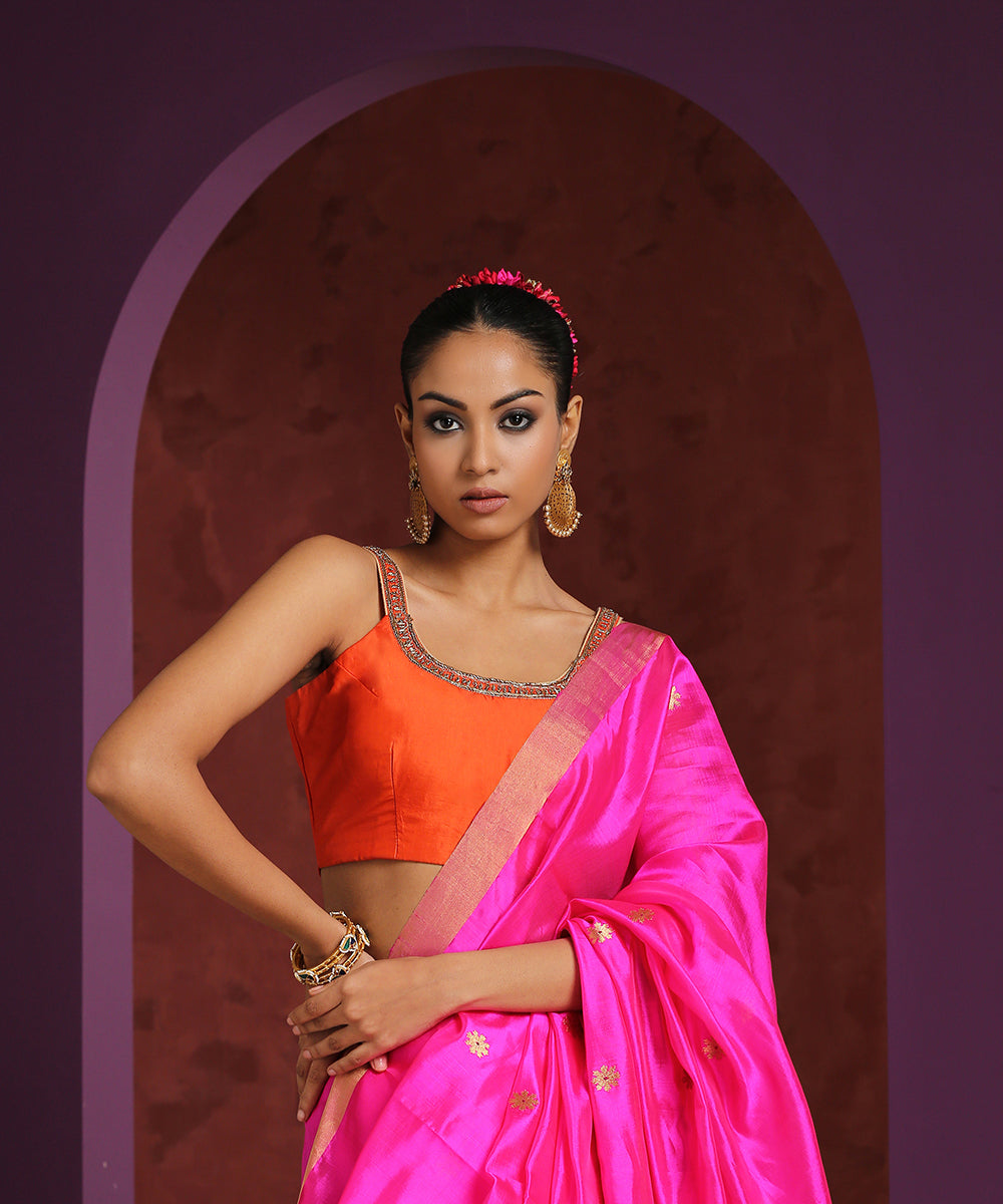 Orange_Pure_Silk_Blouse_With_Zardozi_Hand_Embroidered_Thin_Straps_WeaverStory_02