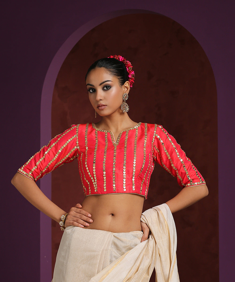 Red_Raw_Silk_Stripe_Embroidery_Blouse_WeaverStory_01