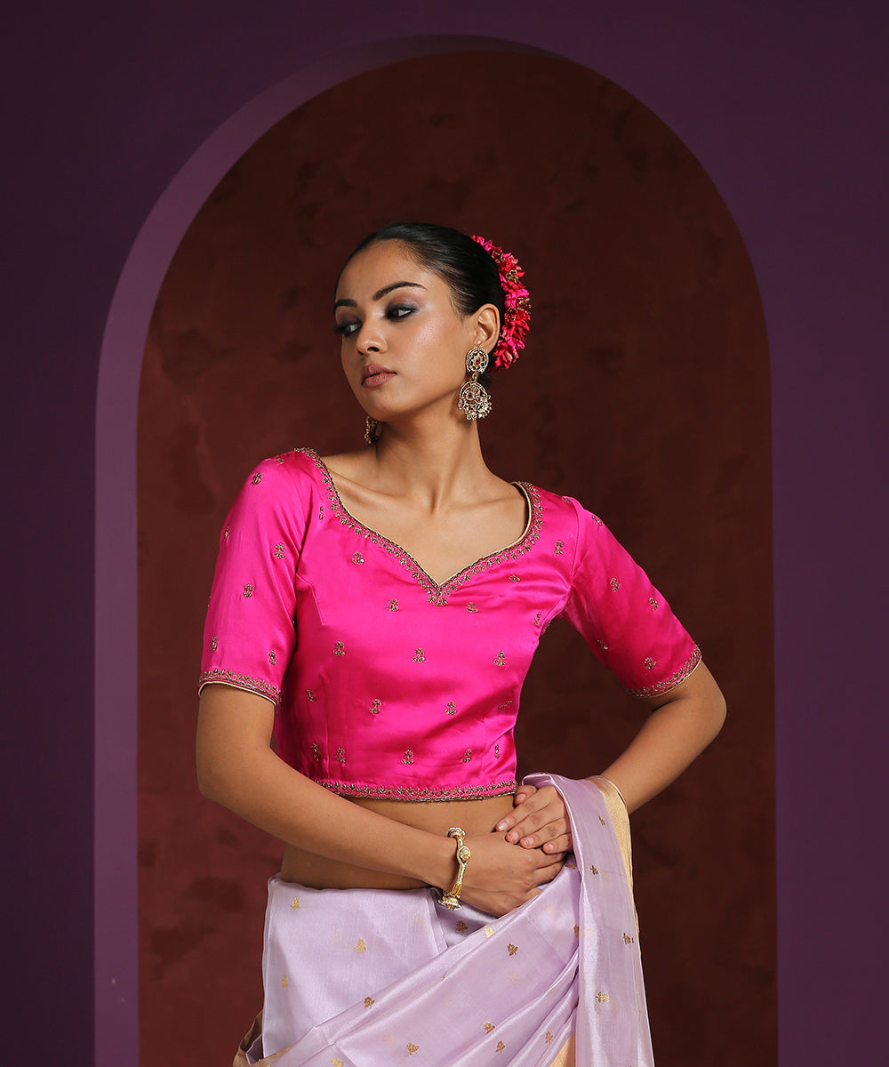 Handcrafted_Hot_Pink_Pure_Silk_Blouse_With_Zardozi_Work_WeaverStory_01