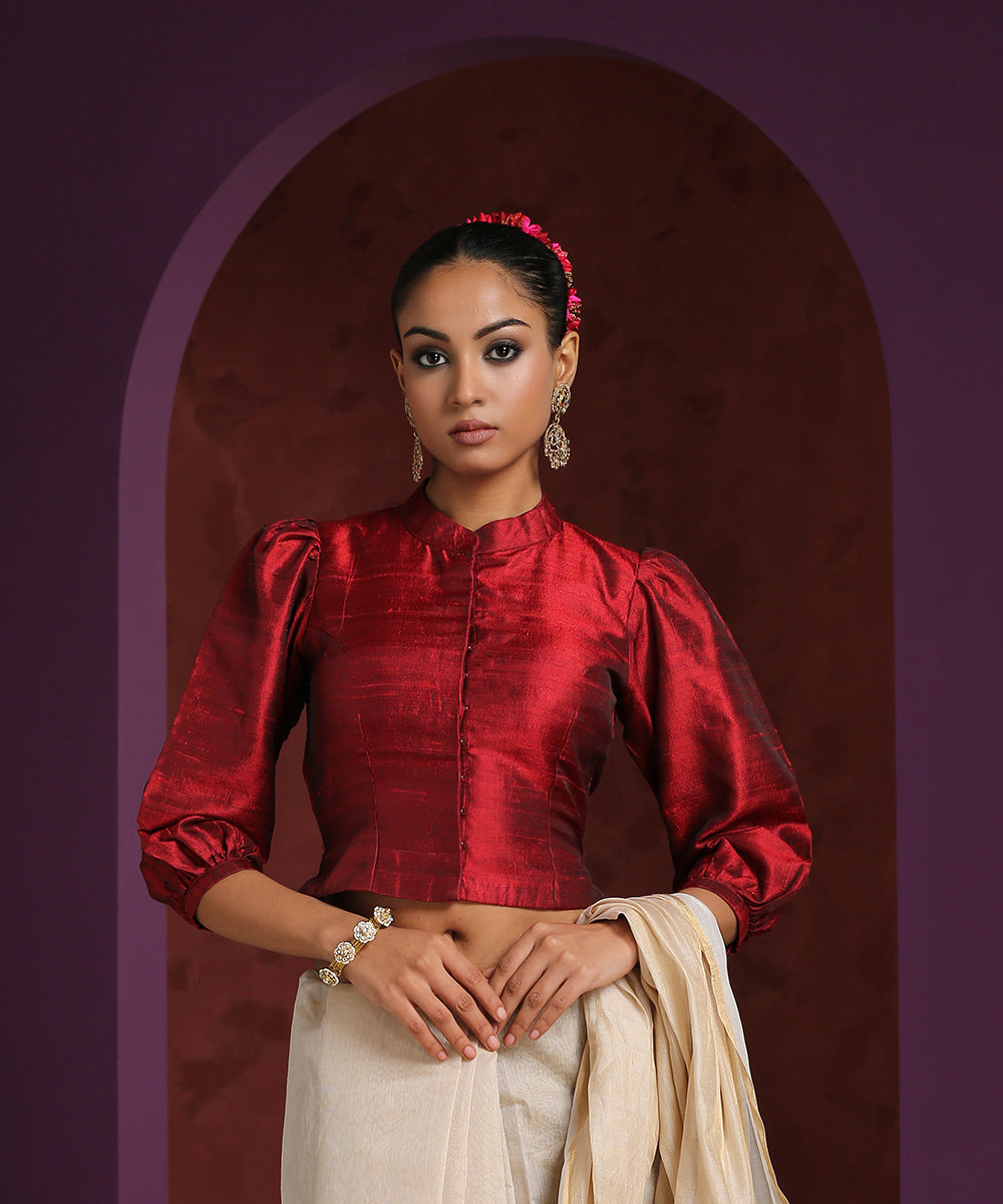Handcrafted_Maroon_Raw_Silk_With_Puff_Sleeves_WeaverStory_01