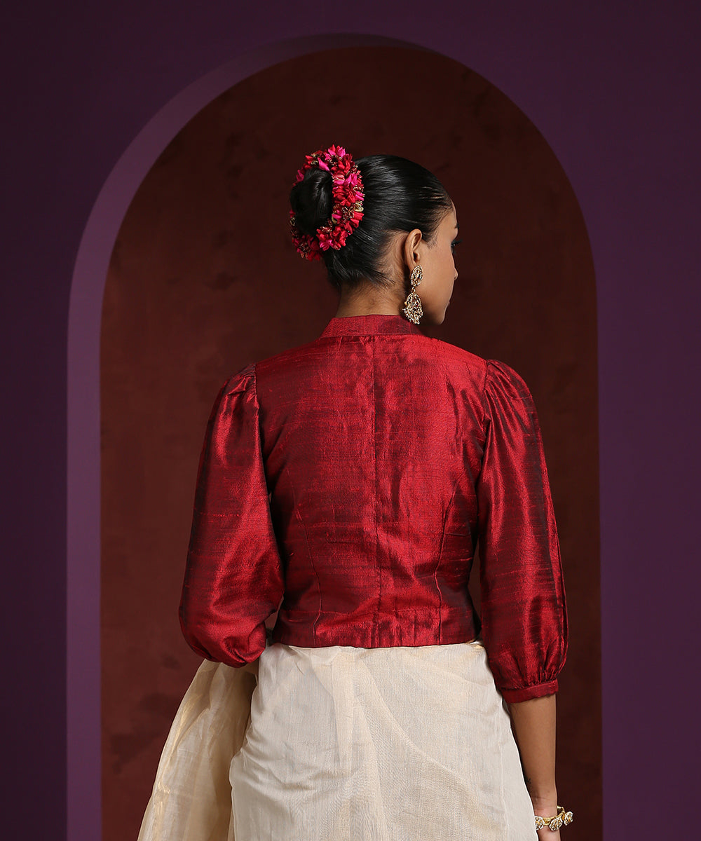 Handcrafted_Maroon_Raw_Silk_With_Puff_Sleeves_WeaverStory_03