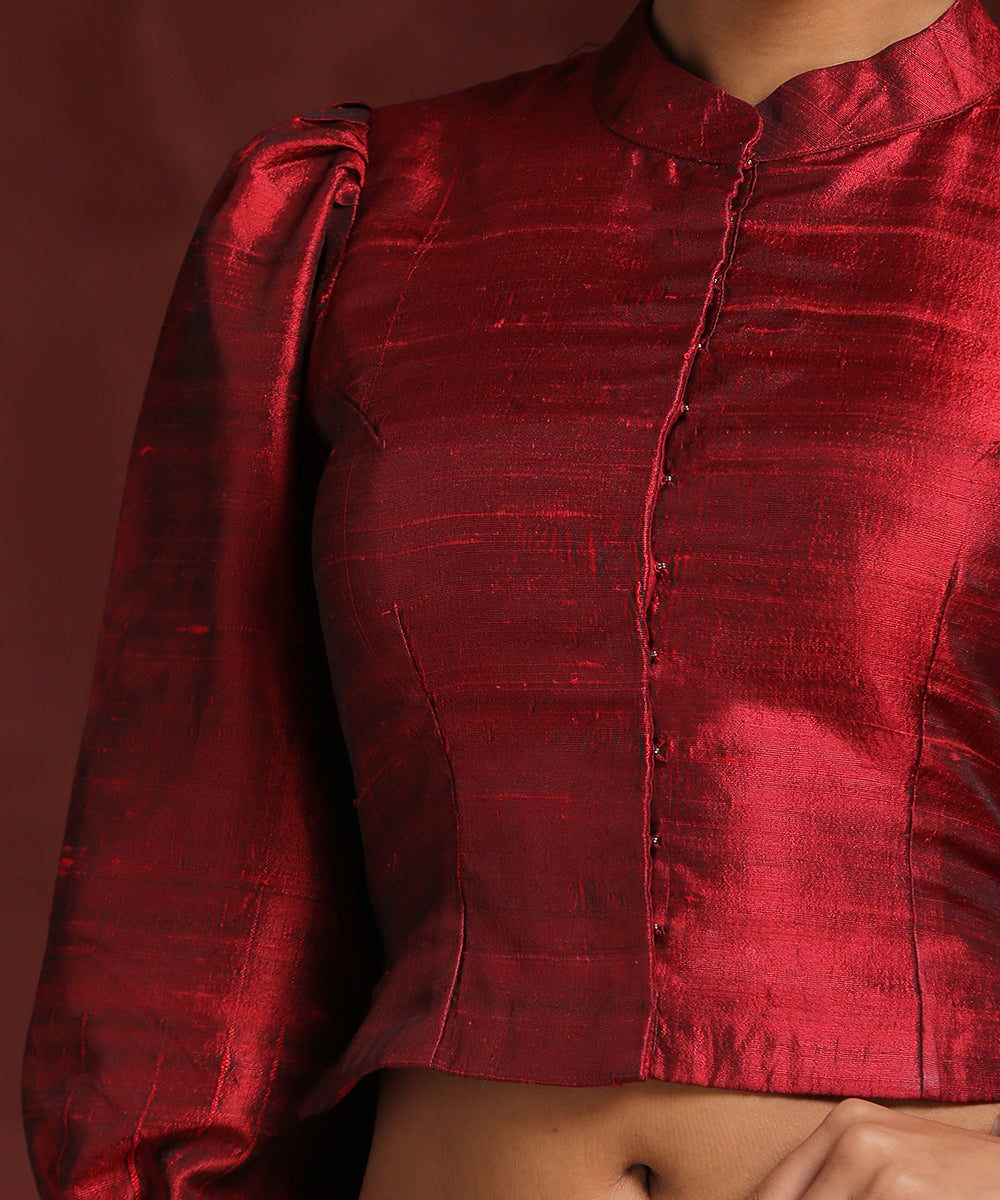 Handcrafted_Maroon_Raw_Silk_With_Puff_Sleeves_WeaverStory_04