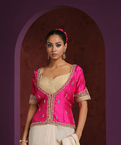 Hot_Pink_Handcrafted_Satin_Jacket_With_Mughal_Border_WeaverStory_01