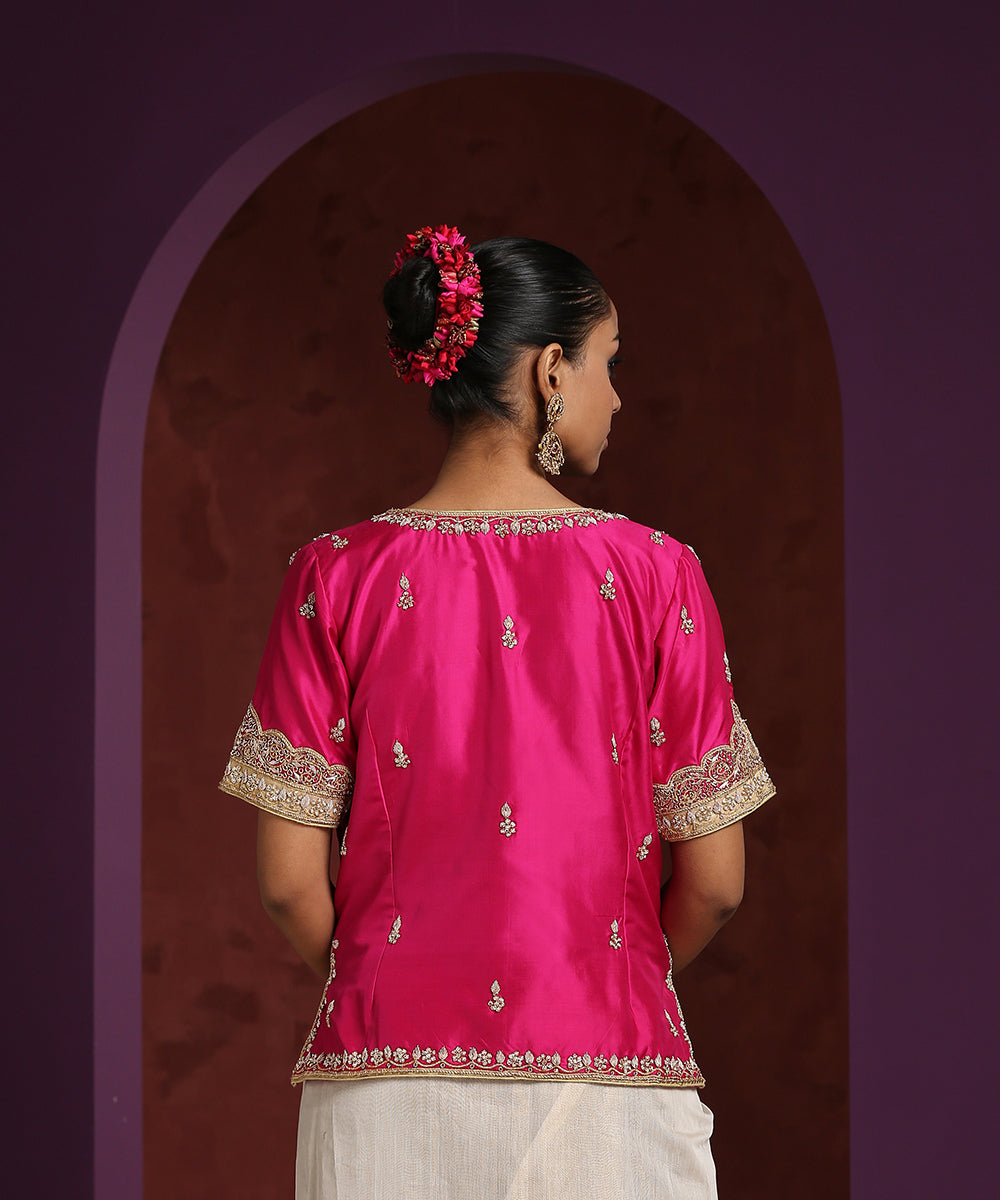 Hot_Pink_Handcrafted_Satin_Jacket_With_Mughal_Border_WeaverStory_03