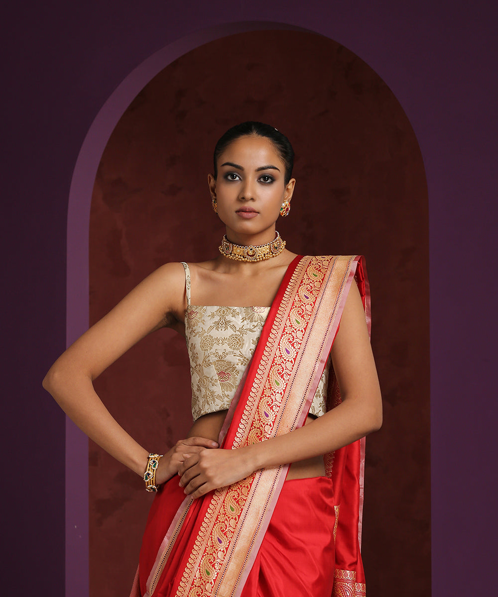 White_Thin_Strap_Pure_Katan_Silk_Brocade_Blouse_WeaverStory_02
