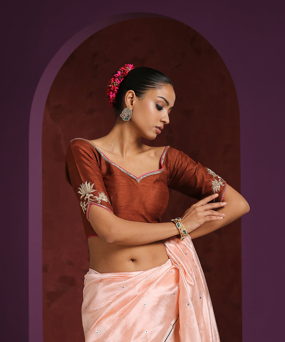 Brown_Raw_Silk_Embroidered_Blouse_With_Hot_Pink_Piping_WeaverStory_01