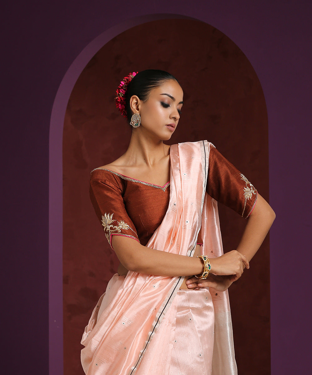 Brown_Raw_Silk_Embroidered_Blouse_With_Hot_Pink_Piping_WeaverStory_02