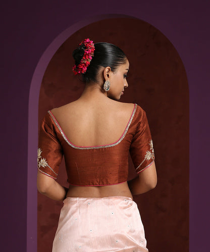 Brown_Raw_Silk_Embroidered_Blouse_With_Hot_Pink_Piping_WeaverStory_03