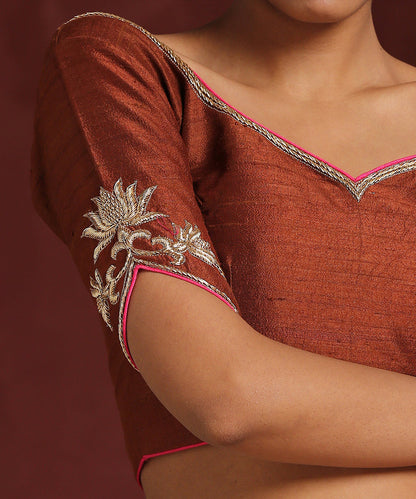 Brown_Raw_Silk_Embroidered_Blouse_With_Hot_Pink_Piping_WeaverStory_04