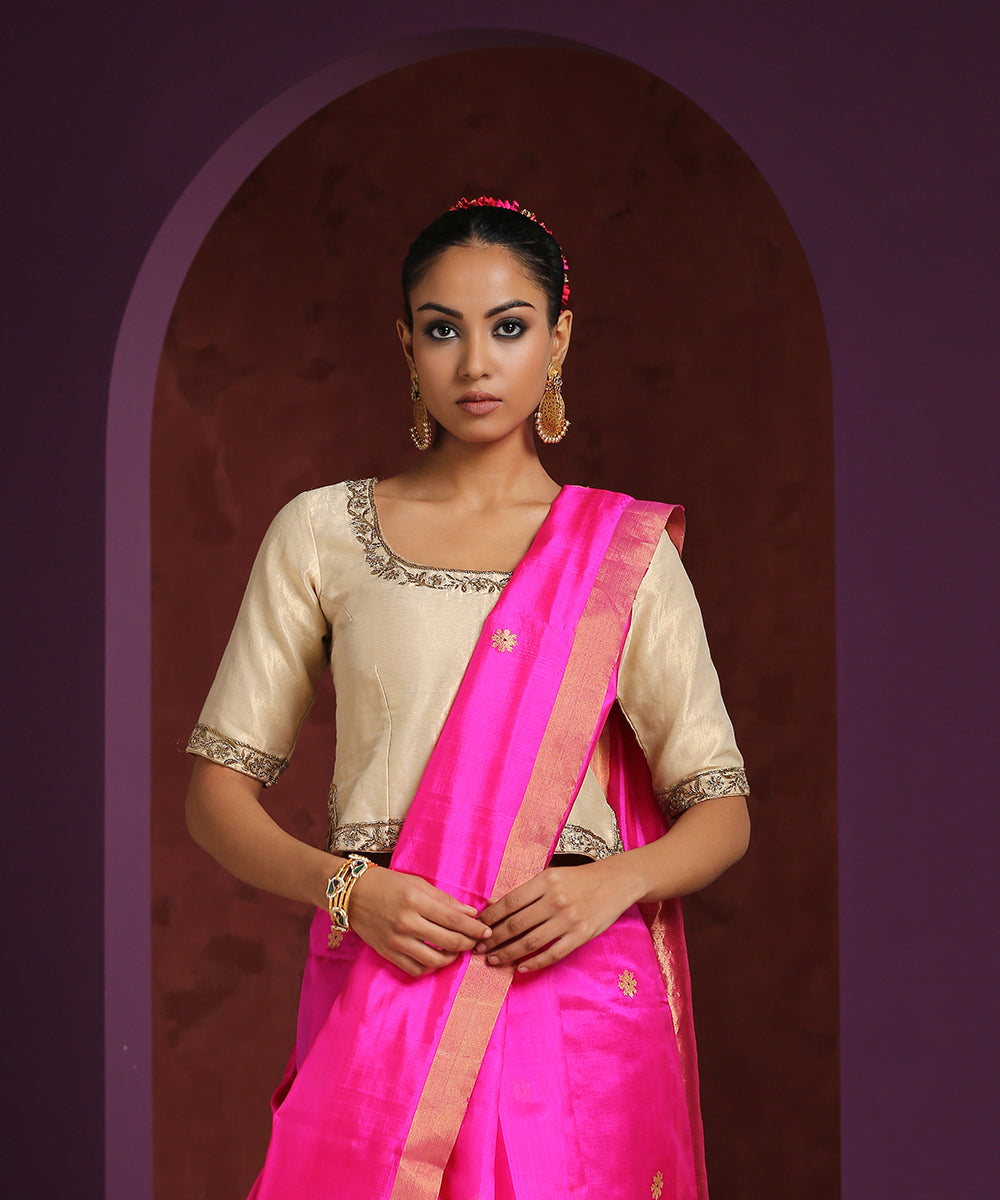 Offwhite_Tissue_Chanderi_Kurti_Style_Blouse_With_Zardozi_Hand_Embroidery_WeaverStory_02