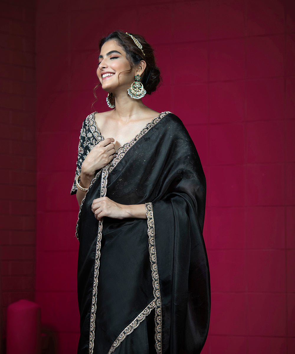 Handloom_Black_Organza_Embroidered_Saree_With_Raw_Silk_Blouse_WeaverStory_02
