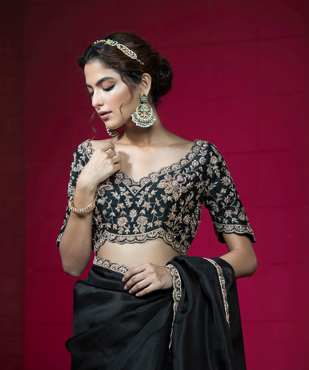 Handloom_Black_Organza_Embroidered_Saree_With_Raw_Silk_Blouse_WeaverStory_04