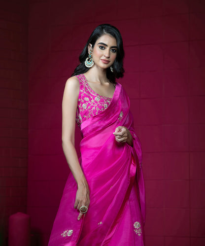 Hot_Pink_Handloom_Embroidered_Organza_Saree_With_Raw_Silk_Sleeveless_Blouse_WeaverStory_01