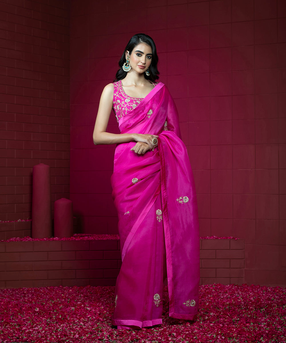 Hot_Pink_Handloom_Embroidered_Organza_Saree_With_Raw_Silk_Sleeveless_Blouse_WeaverStory_02