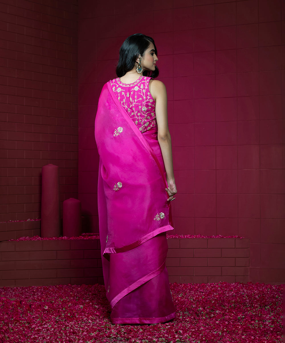 Hot_Pink_Handloom_Embroidered_Organza_Saree_With_Raw_Silk_Sleeveless_Blouse_WeaverStory_03