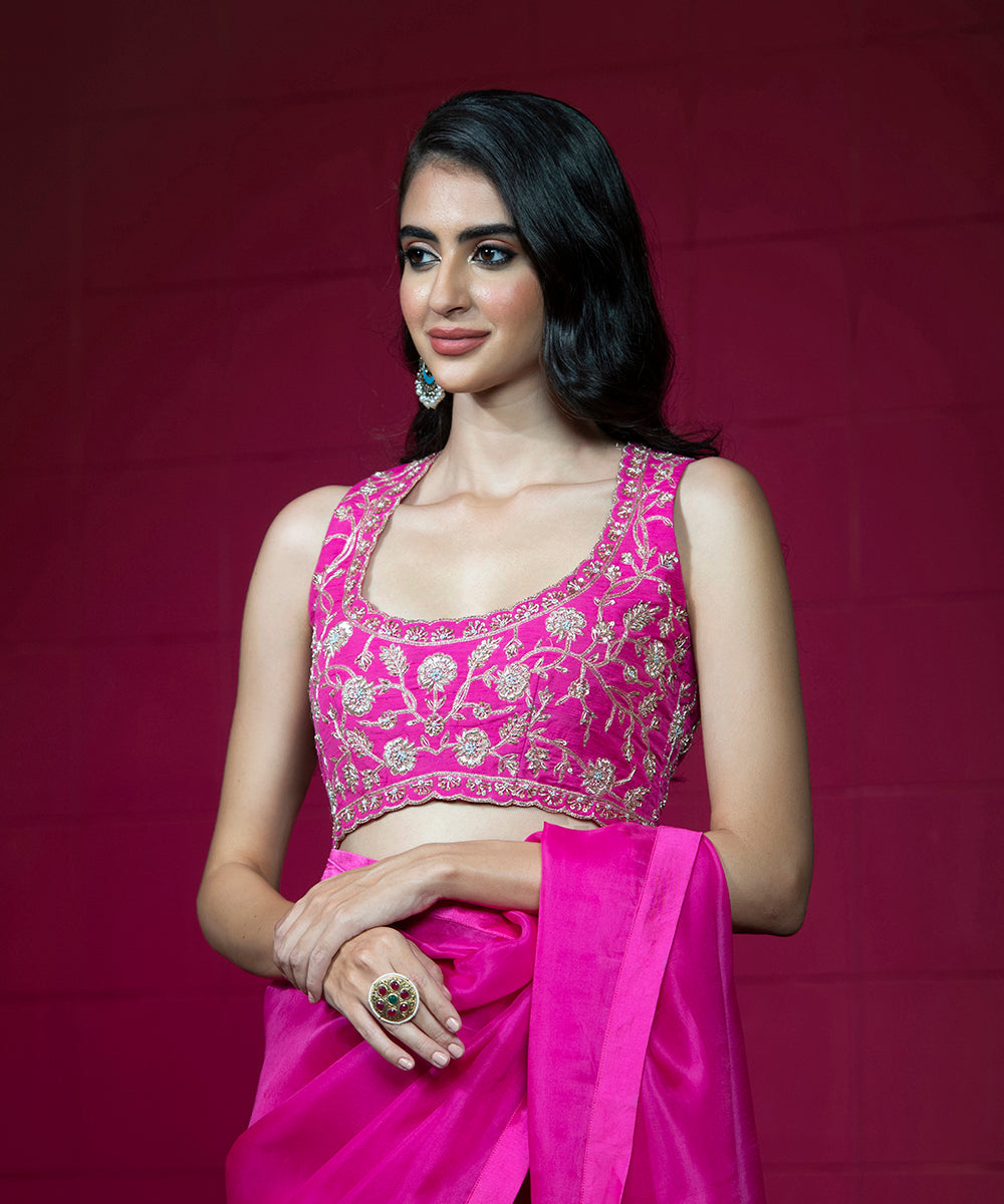 Hot_Pink_Handloom_Embroidered_Organza_Saree_With_Raw_Silk_Sleeveless_Blouse_WeaverStory_05